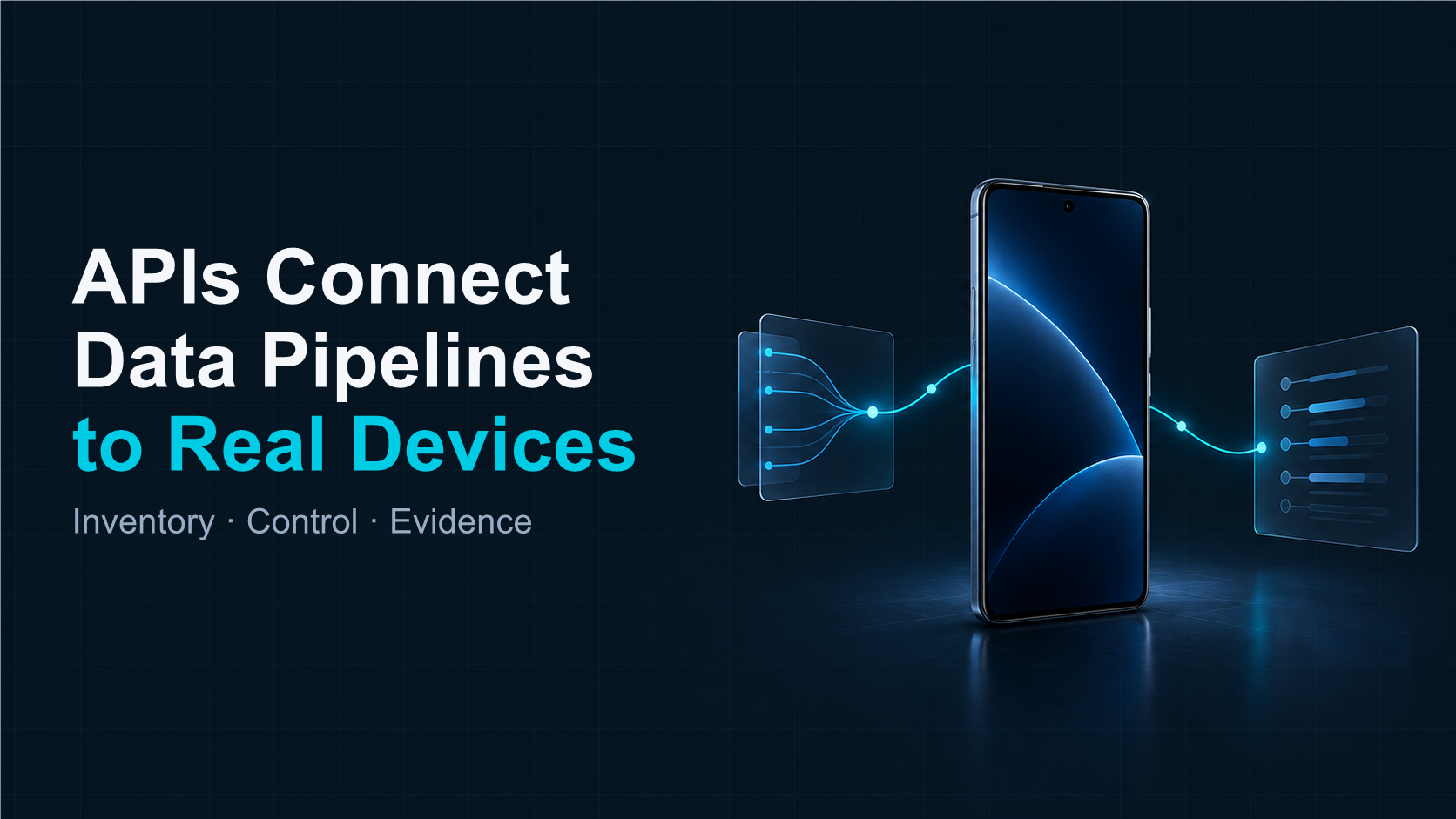 Abstract illustration of an API pathway connecting an AI data pipeline to a physical Android device.